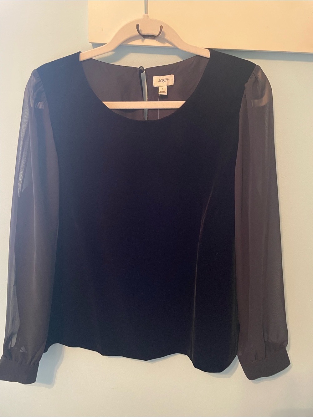 NWT J Crew Black Velvet Top with Sheer Long Sleeves